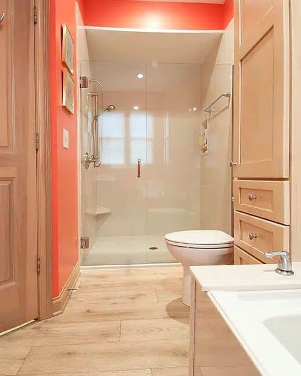 Modern bathroom featuring a glass shower, toilet, and wooden flooring with a coral accent wall.